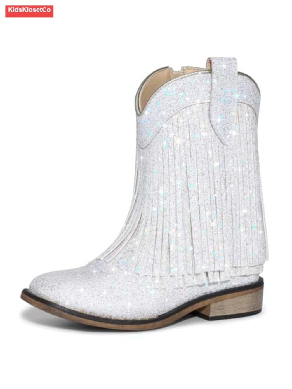 Square Toe Fringe Cowgirl Boots with Glitter, Non-Slip Outsole, Side Zipper